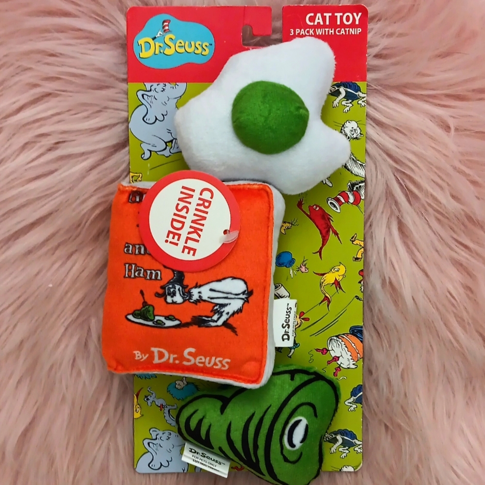 Brand New DR.SEUSS CAT IN THE HAT GREEN EGGS & HAM CATNIP CAT TOY-3CT